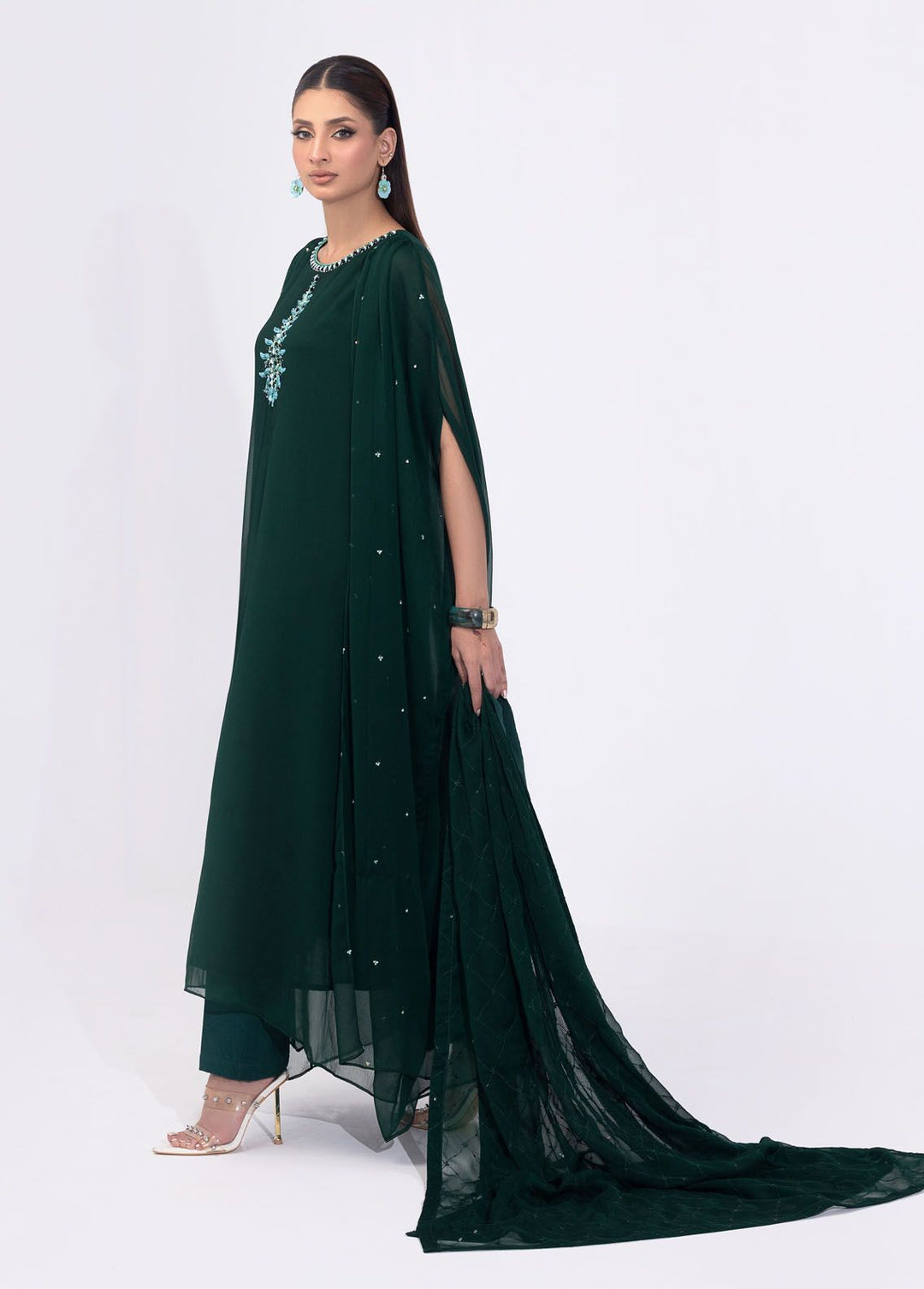 Shamooz Pret Embroidered Chiffon 3 Piece Suit SEM-0646 Bottle Green