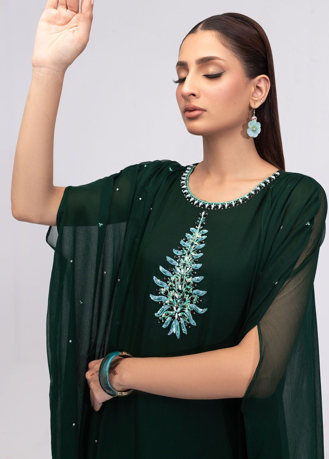 Shamooz Pret Embroidered Chiffon 3 Piece Suit SEM-0646 Bottle Green