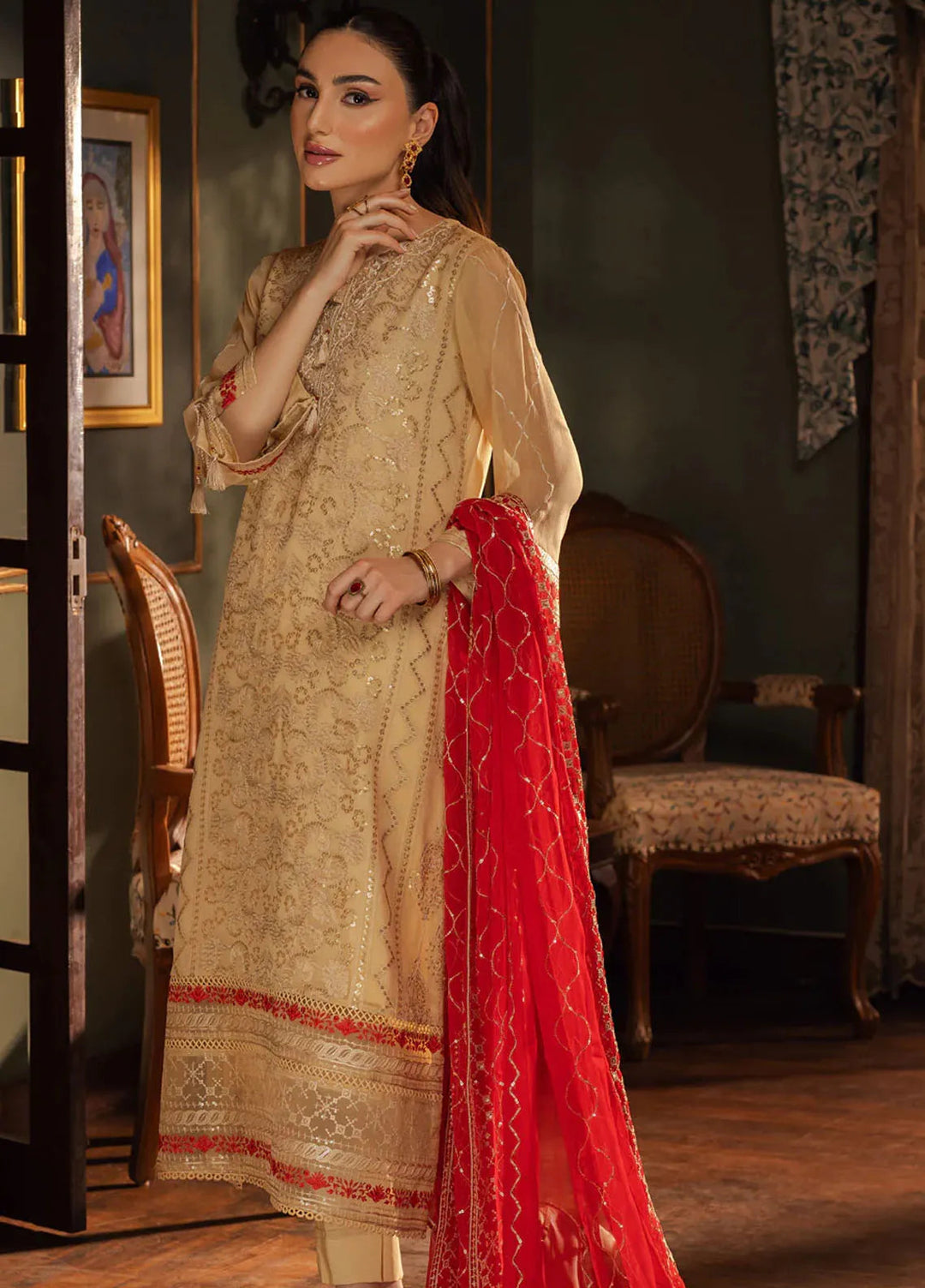 Shamooz Pret Embroidered Chiffon 3 Piece Suit SEM-0680 Camel