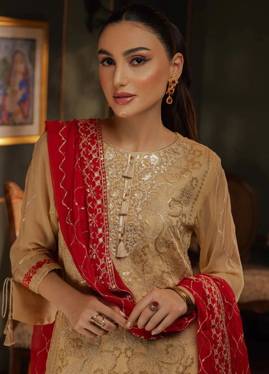 Shamooz Pret Embroidered Chiffon 3 Piece Suit SEM-0680 Camel
