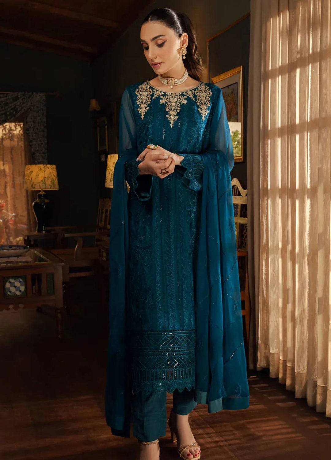 Shamooz Pret Embroidered Chiffon 3 Piece Suit SEM-0681 Cyan