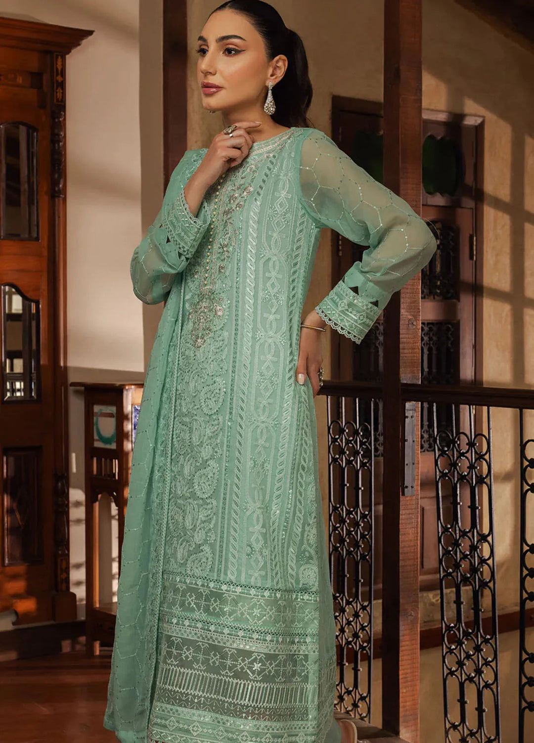 Shamooz Pret Embroidered Chiffon 3 Piece Suit SEM-0686 Aqua Green