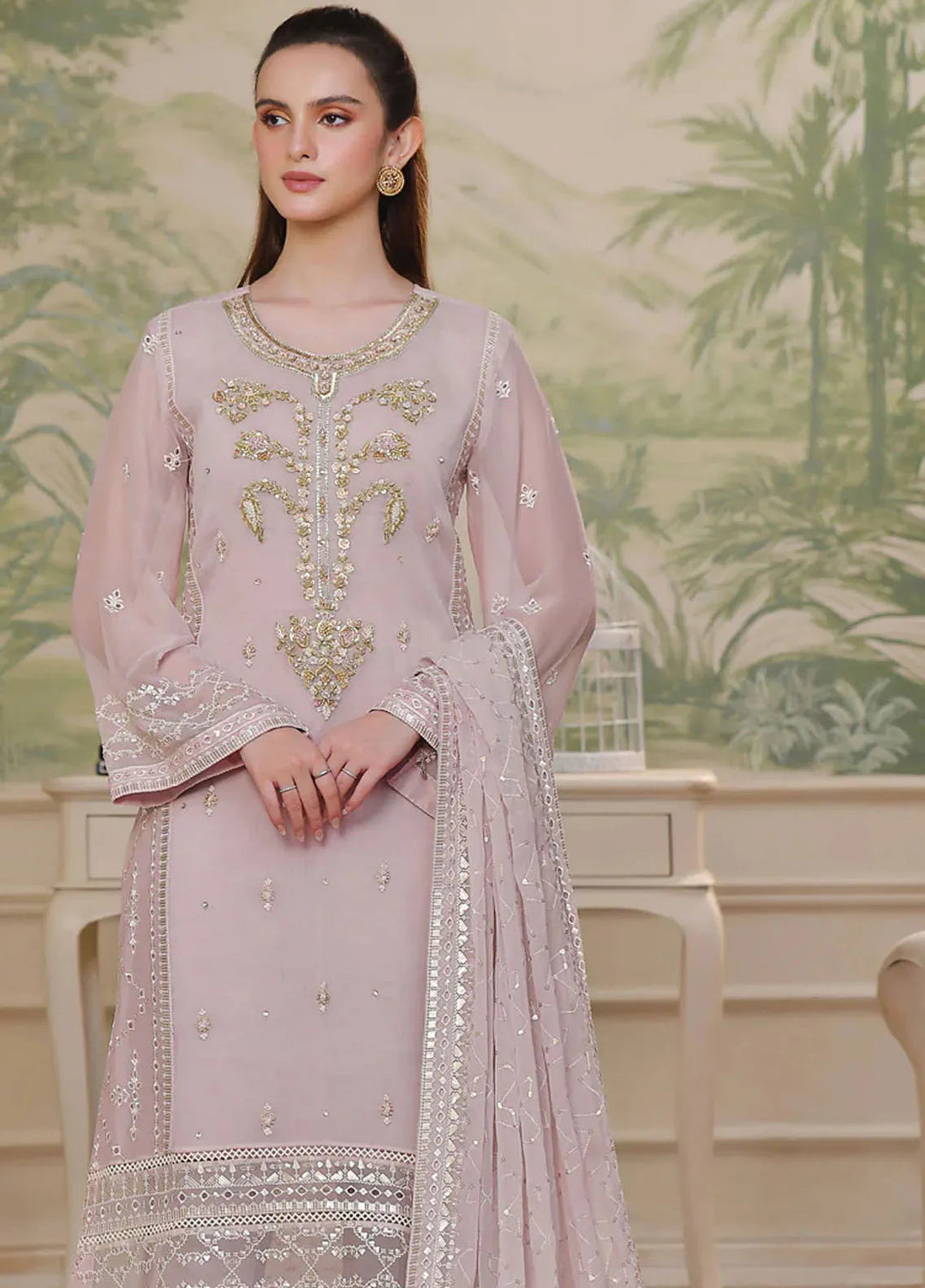 Shamooz Pret Embroidered Chiffon 3 Piece Suit Soft Rose Sem-0724