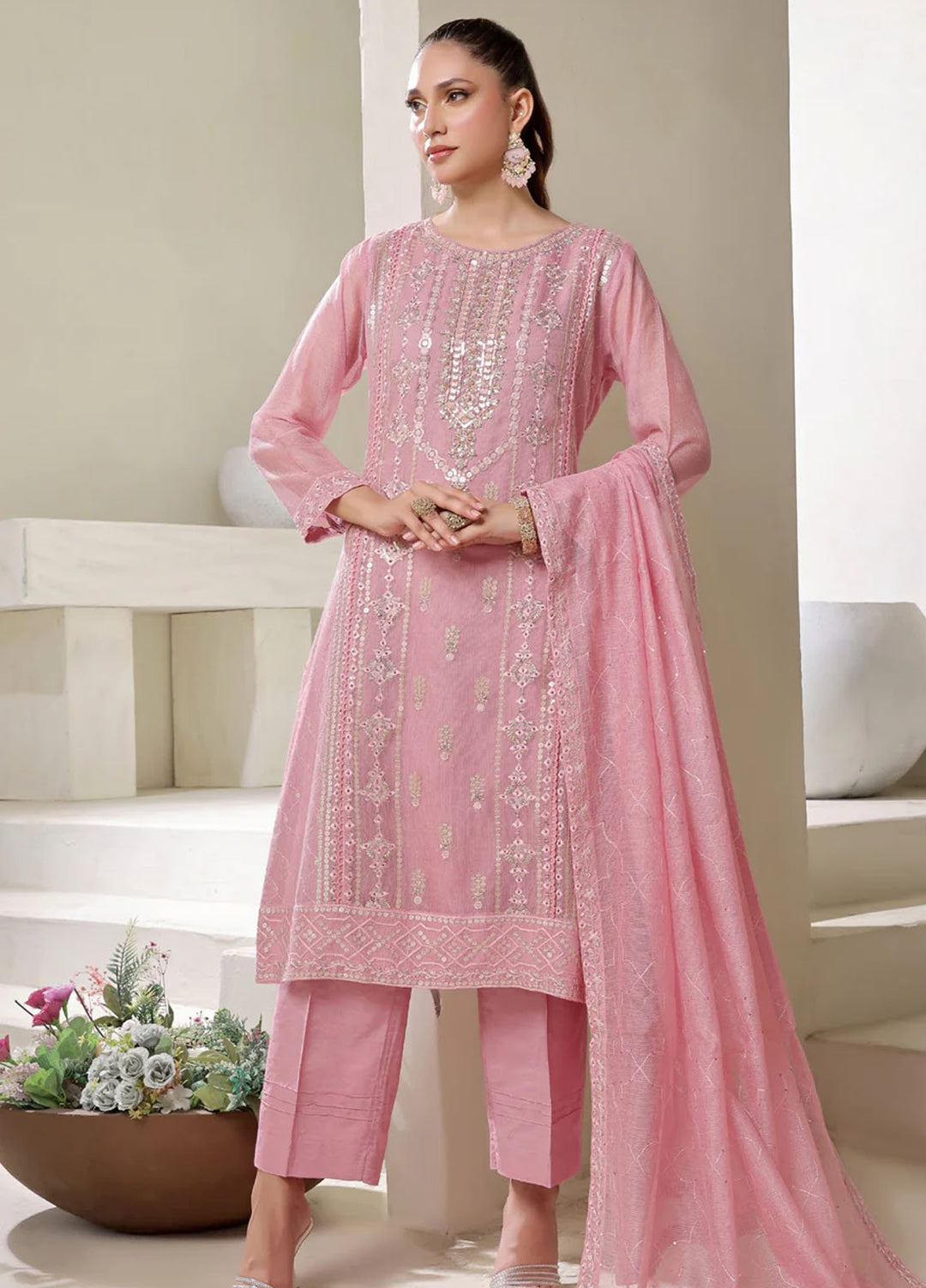 Shamooz Pret Embroidered Cotton Net 3 Piece Suit SE-013 Icy Pink