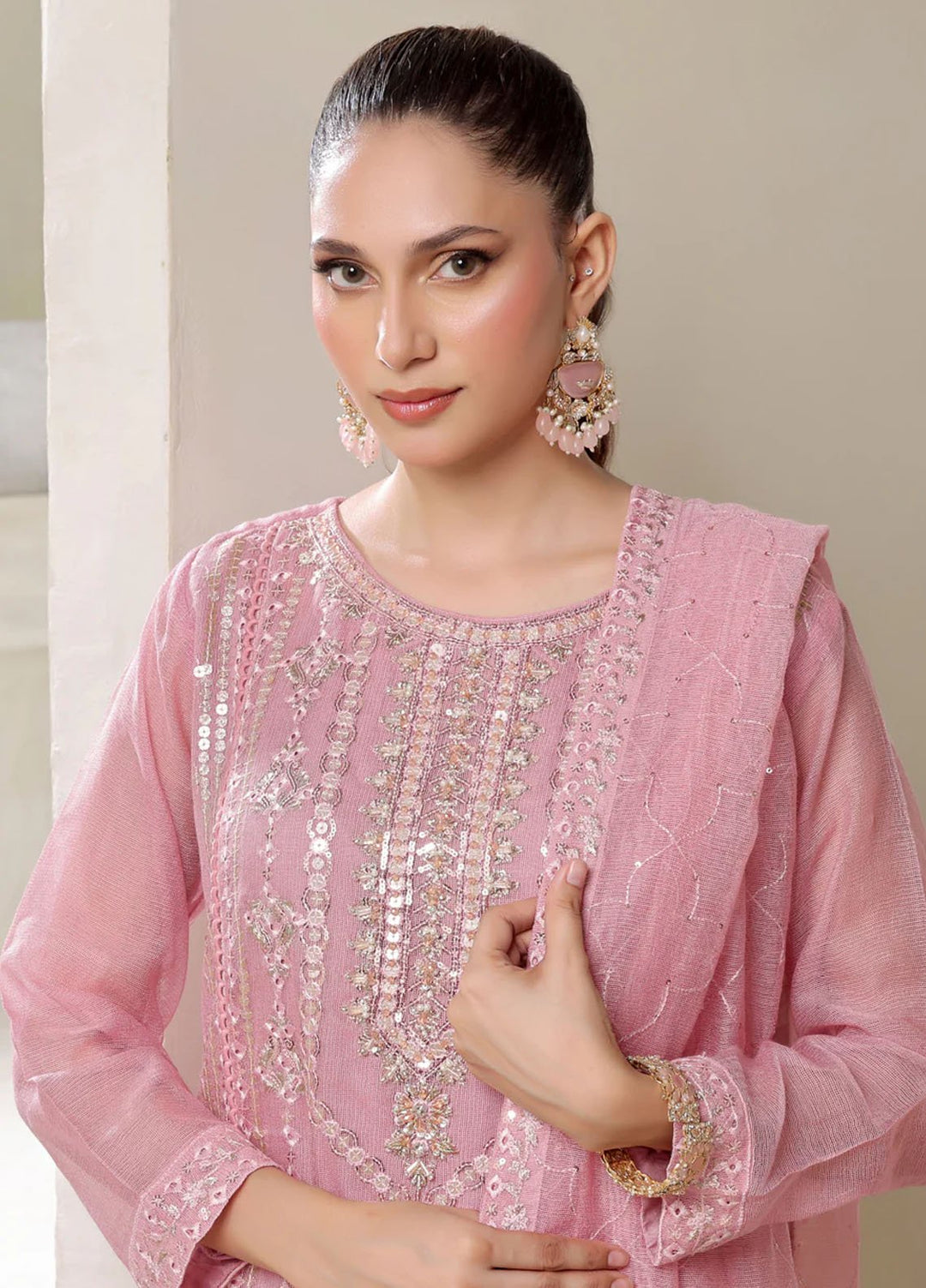 Shamooz Pret Embroidered Cotton Net 3 Piece Suit SE-013 Icy Pink