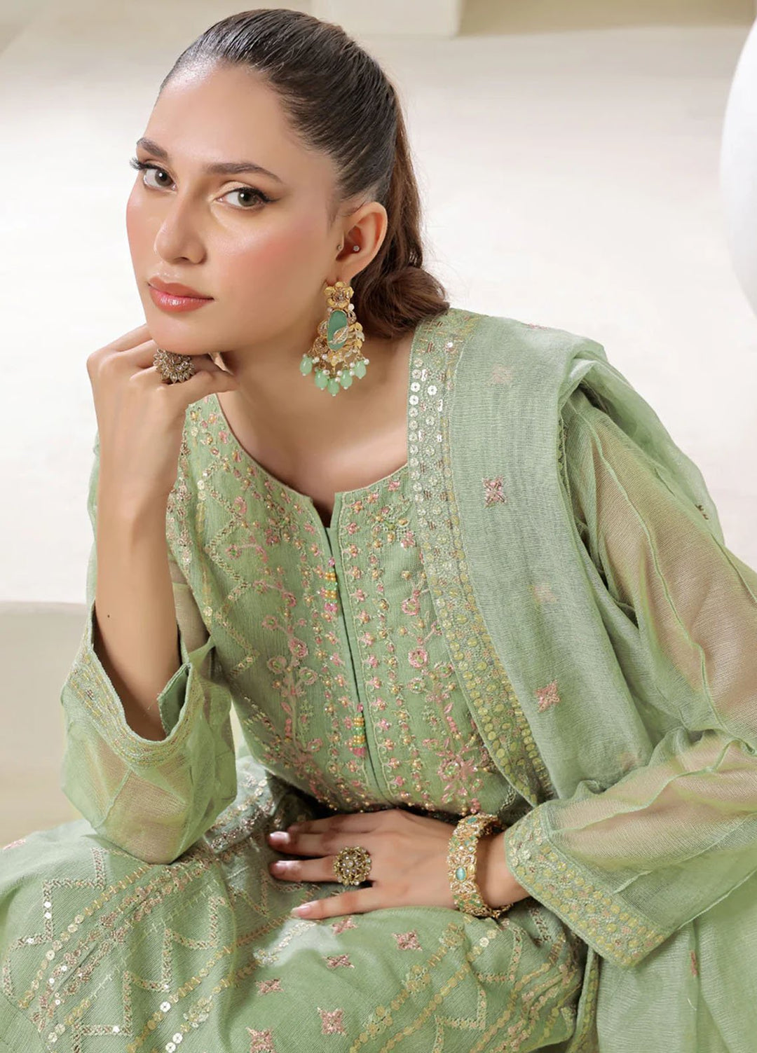 Shamooz Pret Embroidered Cotton Net 3 Piece Suit SE-014 Sea Green
