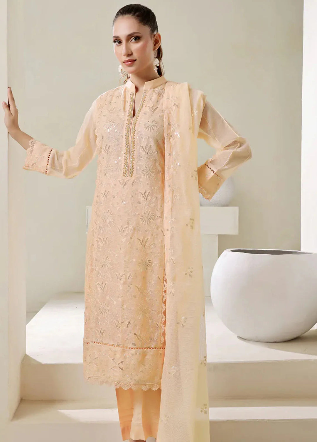 Shamooz Pret Embroidered Cotton Net 3 Piece Suit SE-015 Pastel Peach