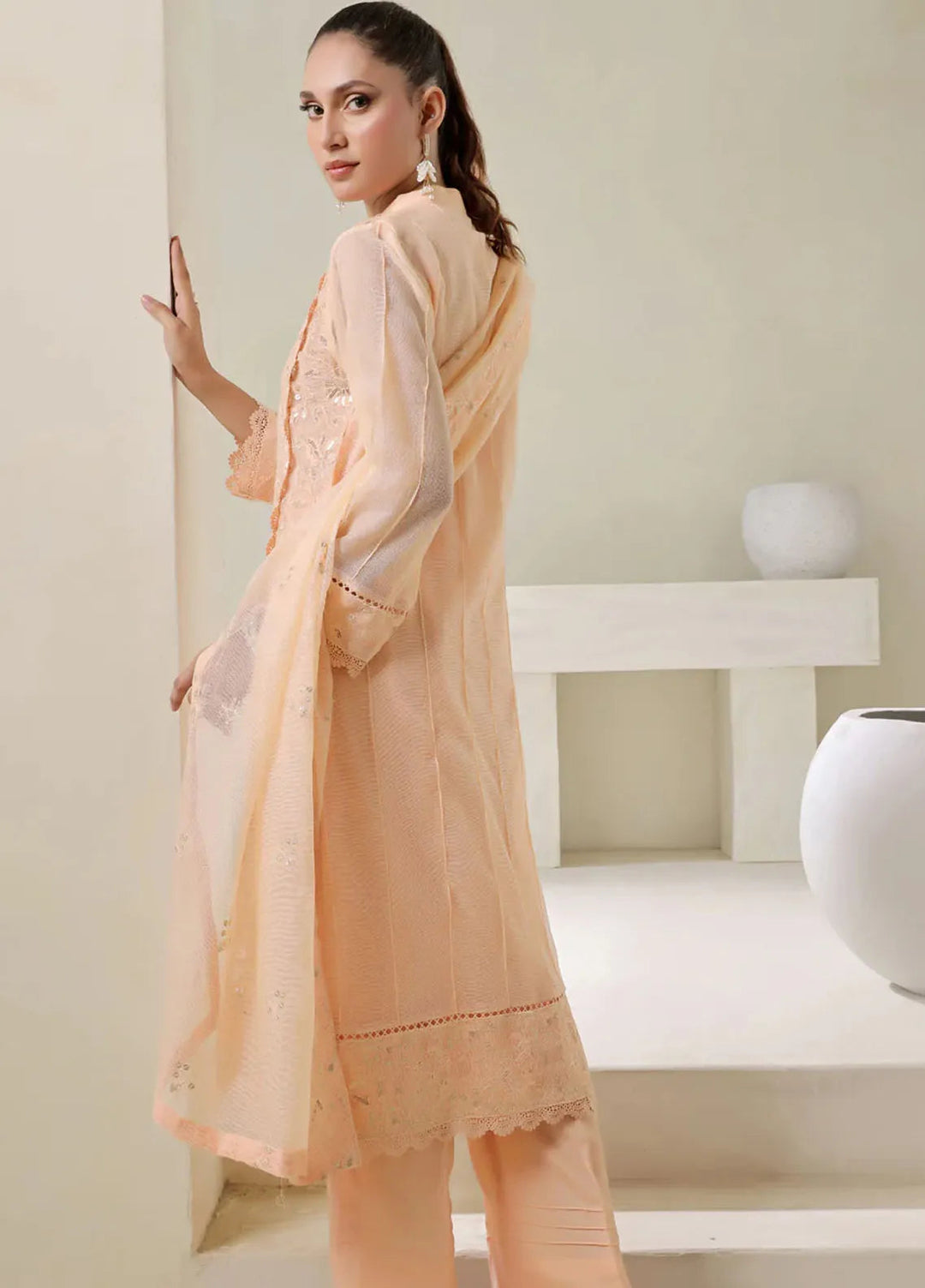 Shamooz Pret Embroidered Cotton Net 3 Piece Suit SE-015 Pastel Peach