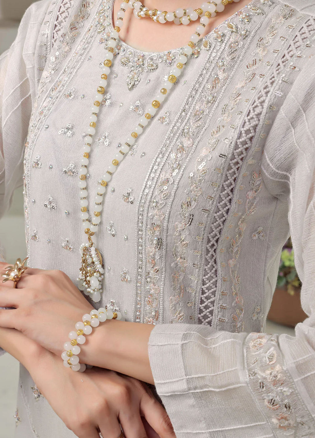 Shamooz Pret Embroidered Cotton Net 3 Piece Suit SE-016 Light Grey