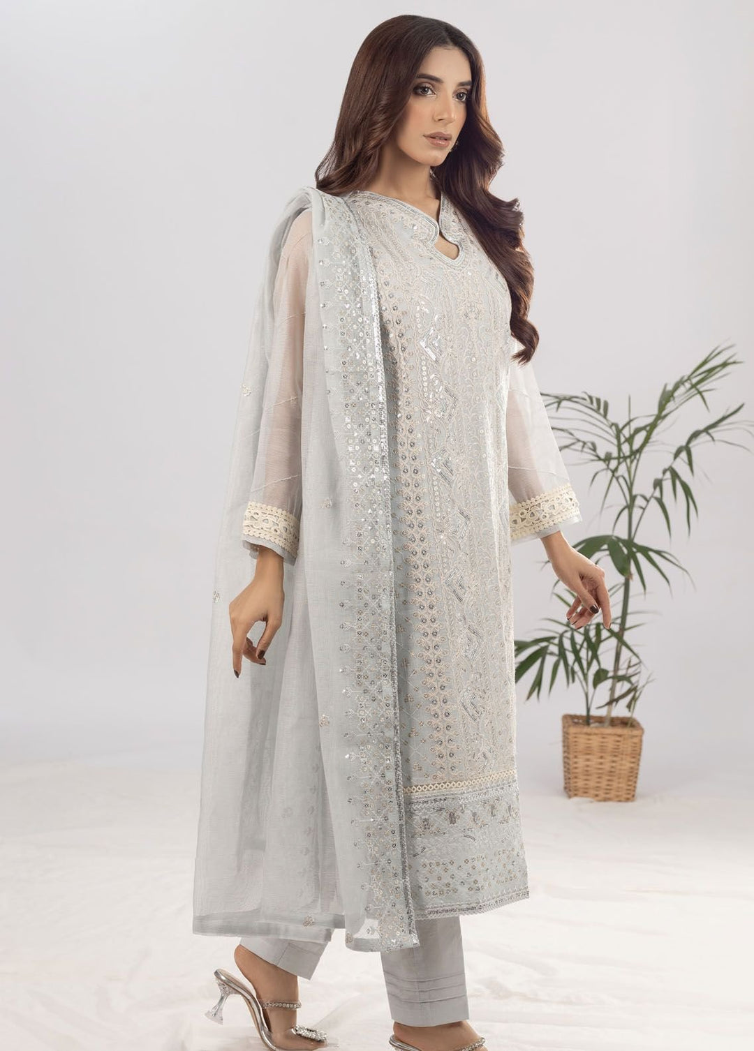 Shamooz Pret Formal Khaadi Net 3 Piece Suit SEM-0613 Glam Grey