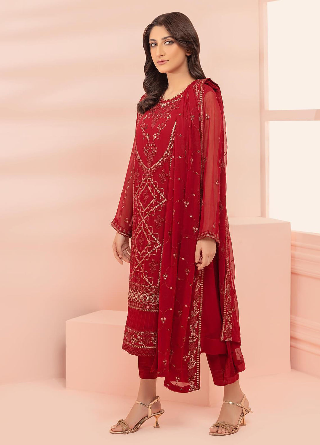 Shamooz Pret Embroidered Chiffon 3 Piece Suit SHM23C Barn Red SEM-0469