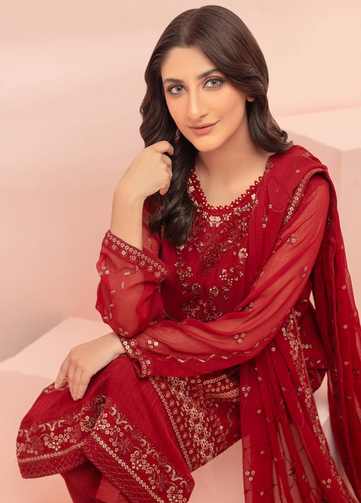 Shamooz Pret Embroidered Chiffon 3 Piece Suit SHM23C Barn Red SEM-0469