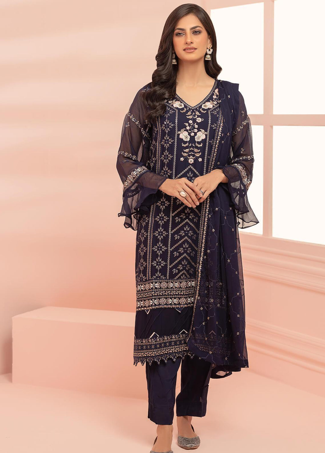 Shamooz Pret Embroidered Chiffon 3 Piece Suit SHM23C Navy Blue SEM-0466