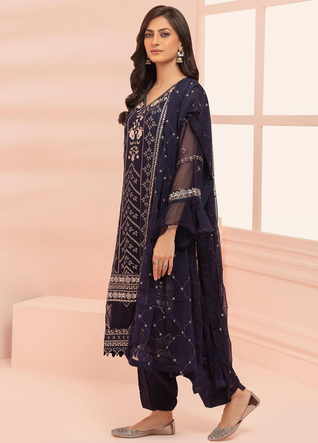 Shamooz Pret Embroidered Chiffon 3 Piece Suit SHM23C Navy Blue SEM-0466