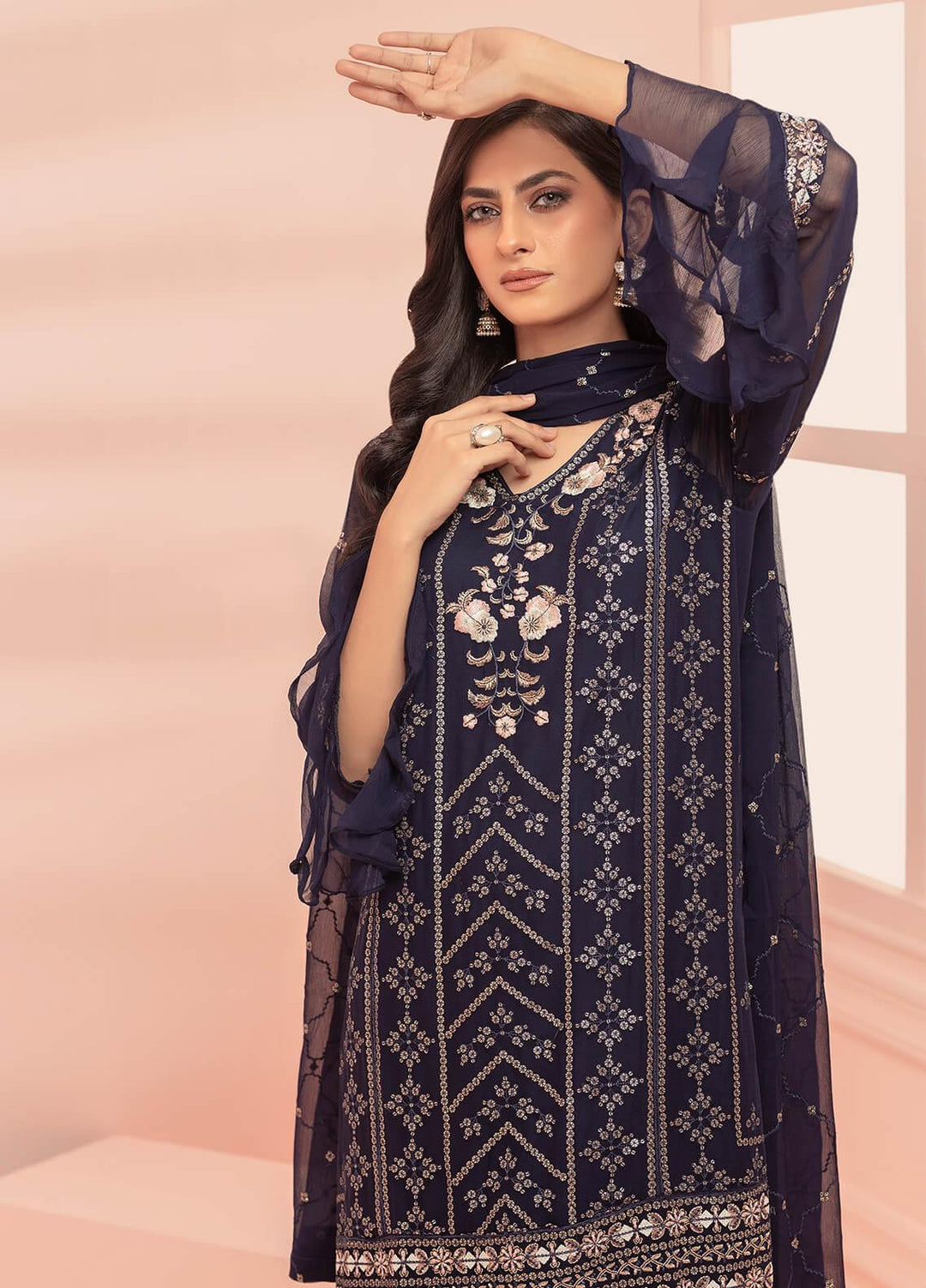 Shamooz Pret Embroidered Chiffon 3 Piece Suit SHM23C Navy Blue SEM-0466