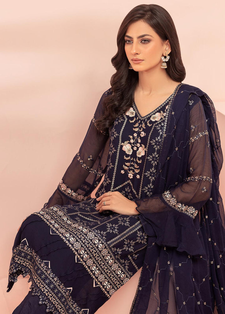 Shamooz Pret Embroidered Chiffon 3 Piece Suit SHM23C Navy Blue SEM-0466