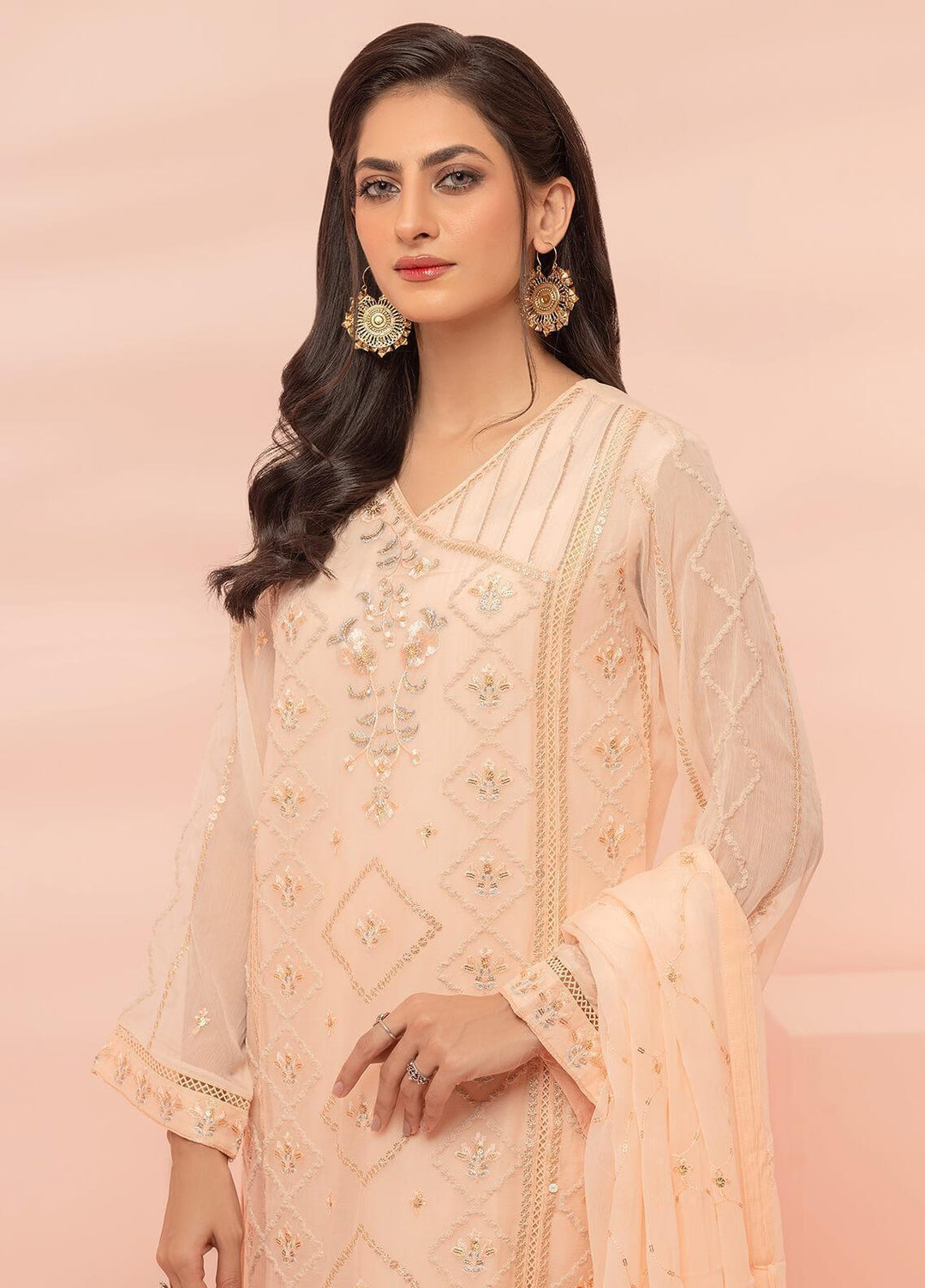 Shamooz Pret Embroidered Chiffon 3 Piece Suit SHM23C Peach SEM-0464