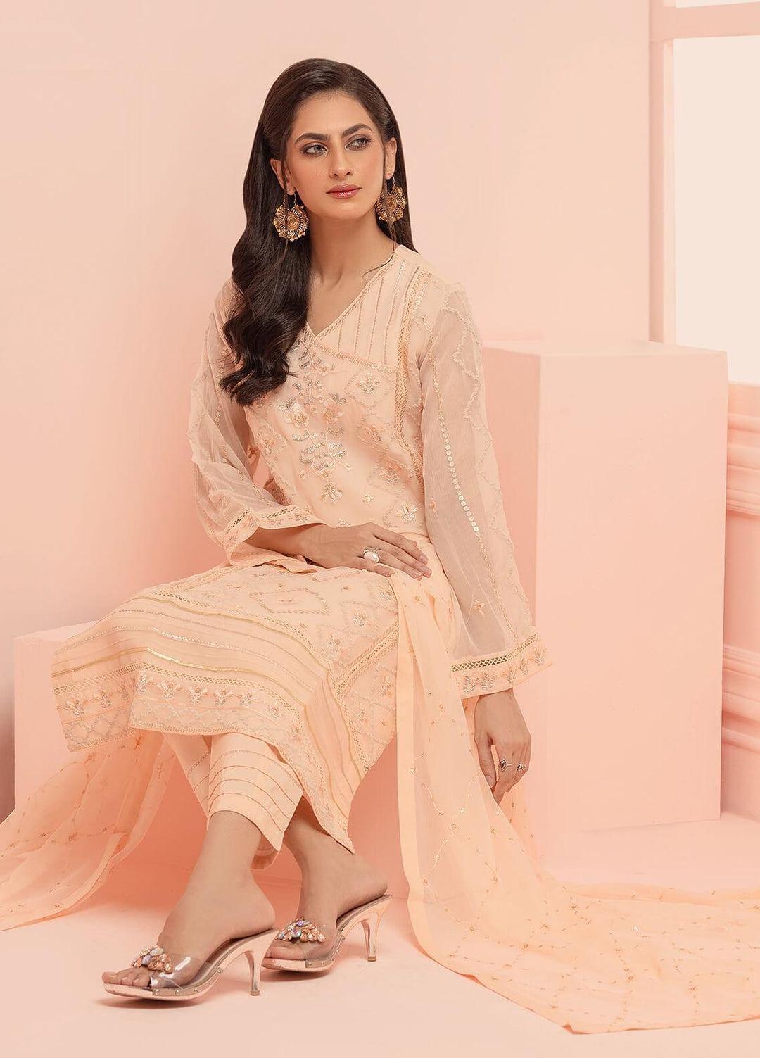 Shamooz Pret Embroidered Chiffon 3 Piece Suit SHM23C Peach SEM-0464