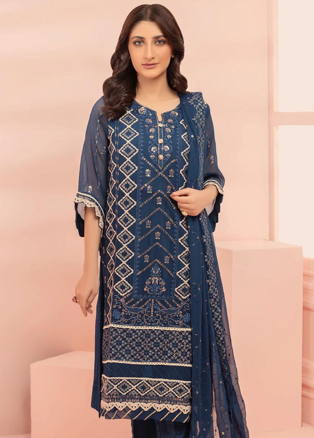 Shamooz Pret Embroidered Chiffon 3 Piece Suit SHM23C Royal Blue SEM-0474