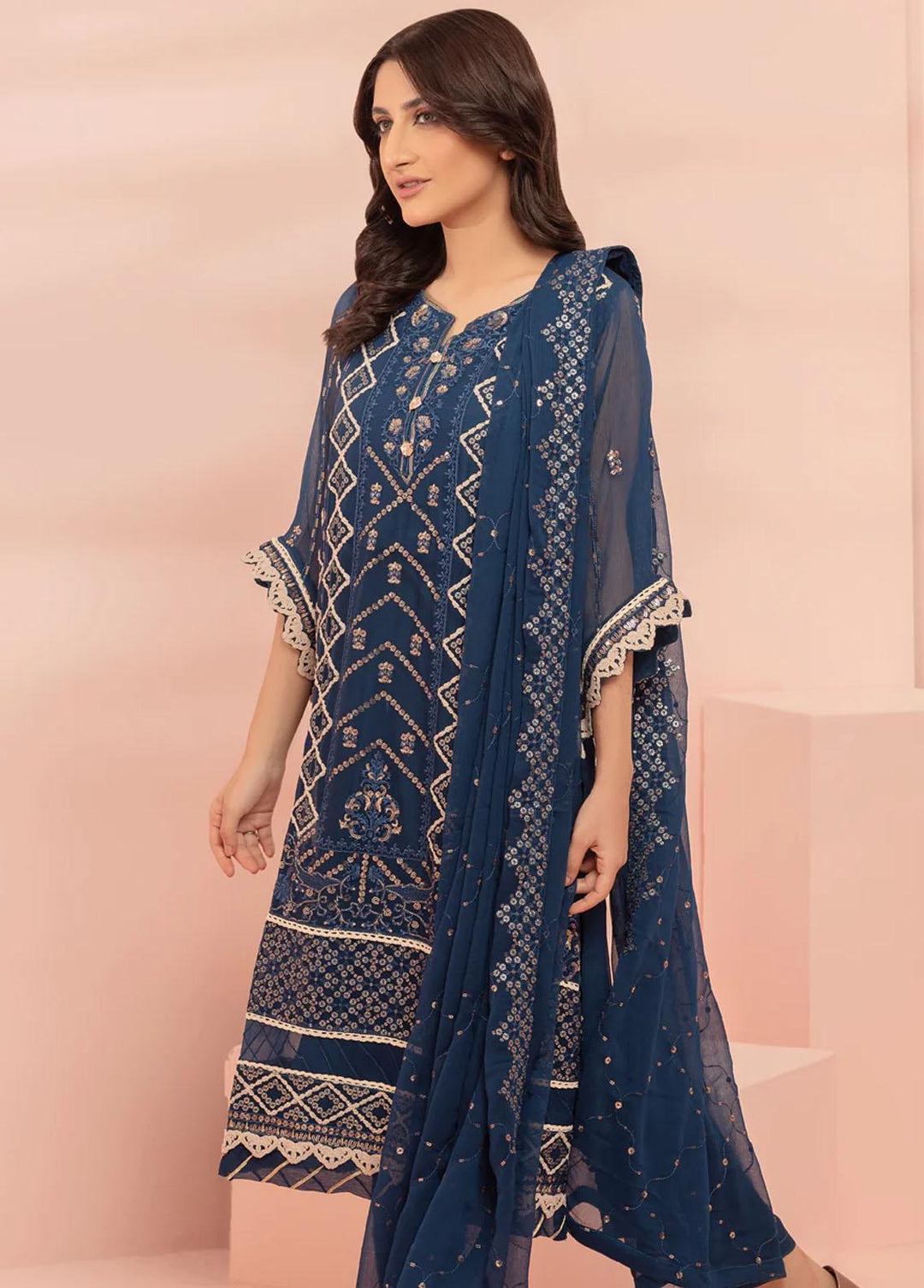 Shamooz Pret Embroidered Chiffon 3 Piece Suit SHM23C Royal Blue SEM-0474