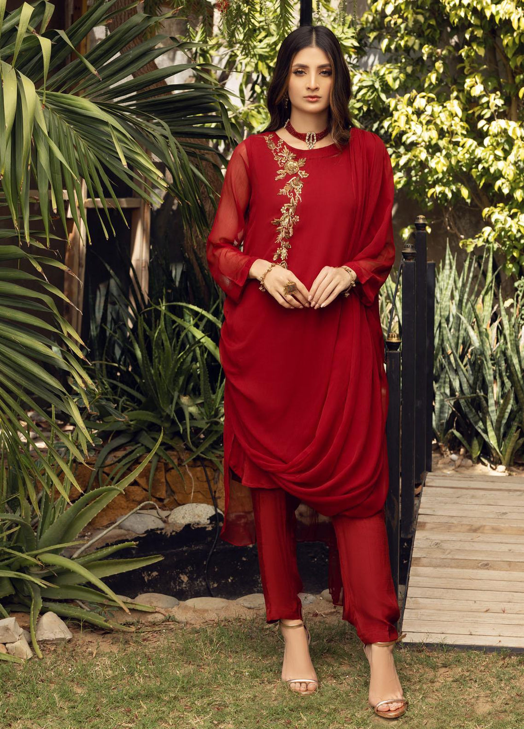 Shamooz Luxury Pret  Chiffon 3 Piece Dress SEM-0406 Red Rose