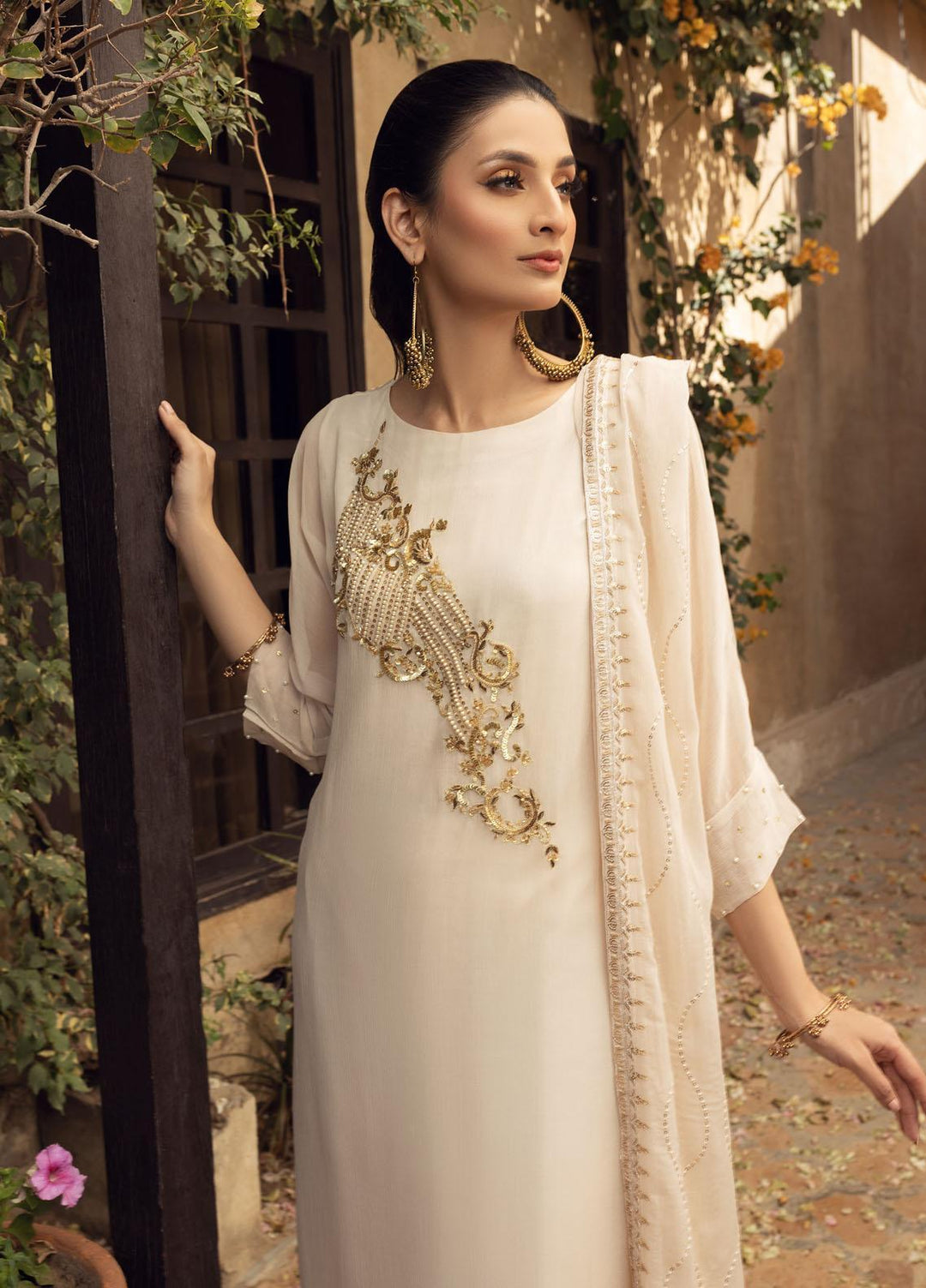 Shamooz Luxury Pret  Chiffon 3 Piece Dress SEM-0404 Light Beige