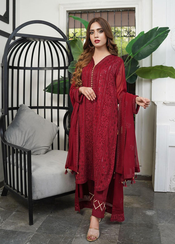 Shamooz Embroidered Chiffon Suits Unstitched 2 Piece SHM22UN Dark Maroon SU-005 - Luxury Festive Collection