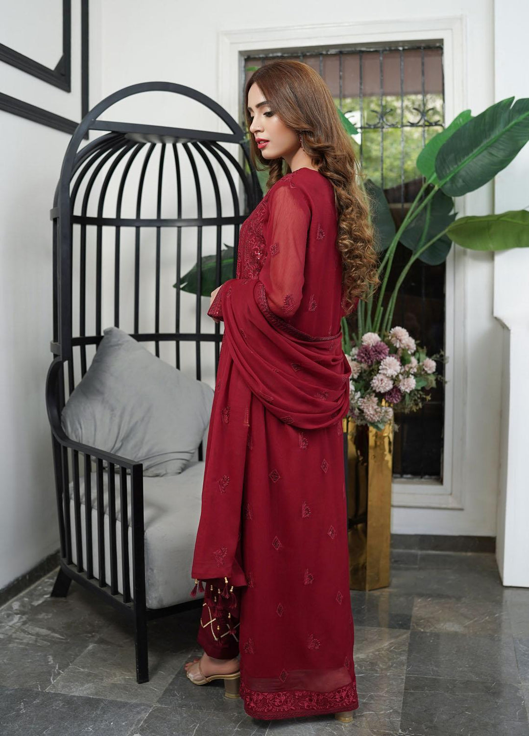 Shamooz Embroidered Chiffon Suits Unstitched 2 Piece SHM22UN Dark Maroon SU-005 - Luxury Festive Collection