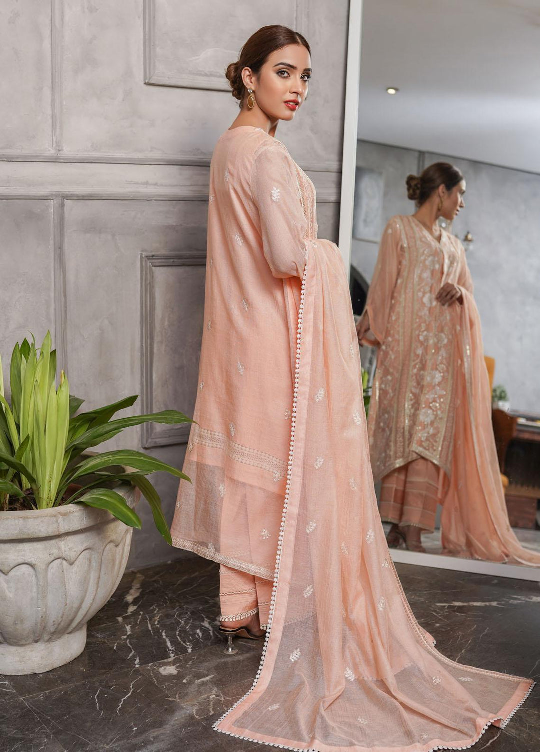 Shamooz Embroidered Khaadi Net Suits Unstitched 2 Piece SHM22UN Peach SU-021 - Luxury Festive Collection