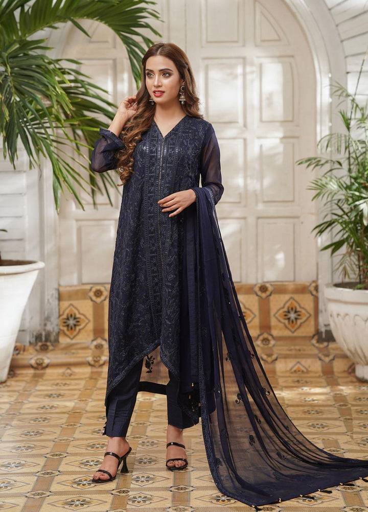 Shamooz Embroidered Chiffon Suits Unstitched 2 Piece SHM22UN Navy Blue SU-009 - Luxury Festive Collection