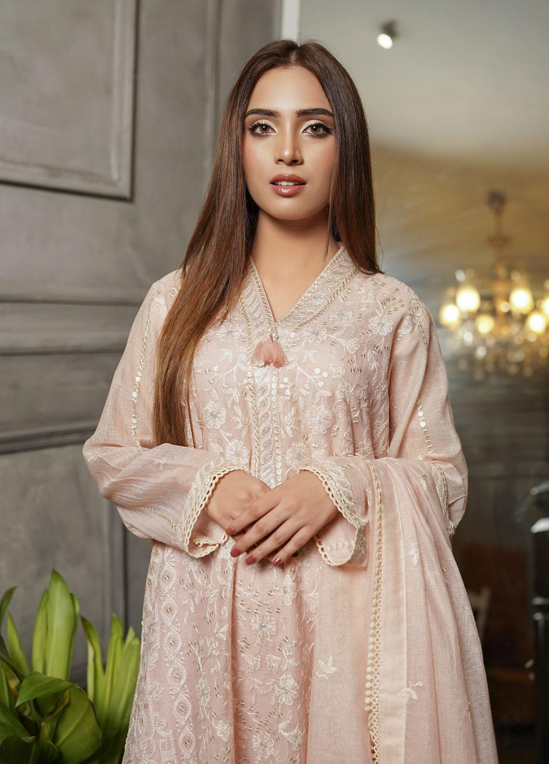Shamooz Embroidered Khaadi Net Suits Unstitched 2 Piece SHM22UN Blush Pink SU-019 - Luxury Festive Collection