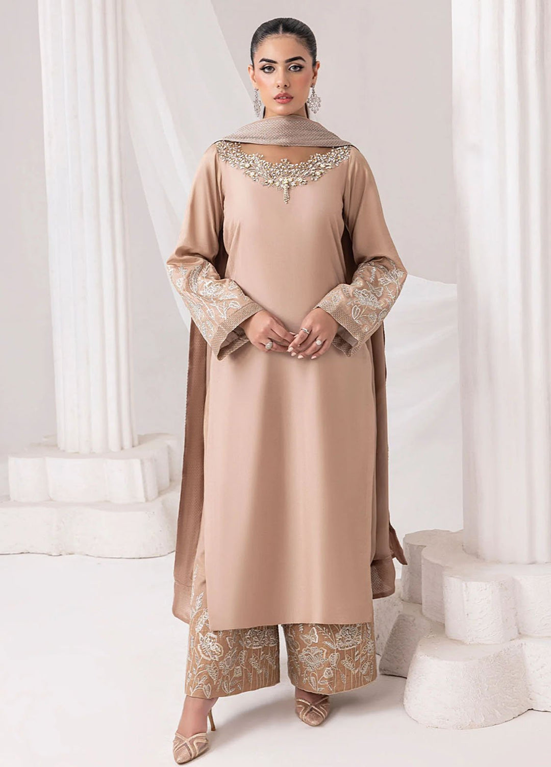 Silk Ivy by Jamnii Pret Embroidered Silk 3 Piece Suit Desert Rose