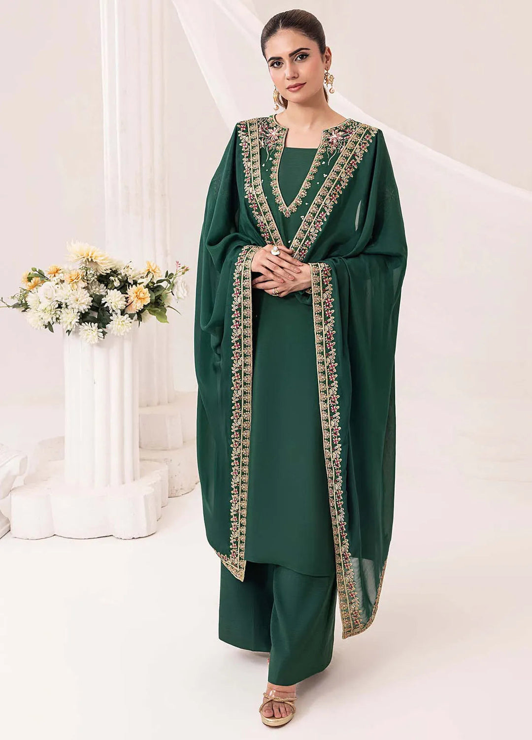 Silk Ivy by Jamnii Pret Embroidered Silk 3 Piece Suit Emerald