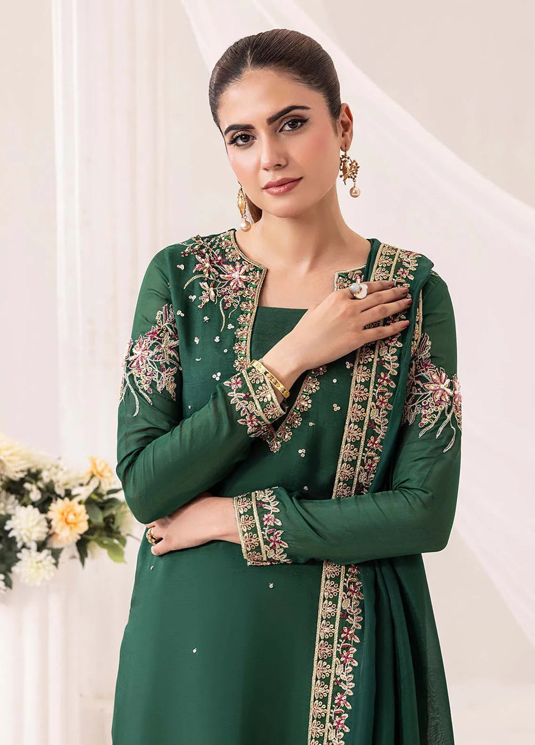 Silk Ivy by Jamnii Pret Embroidered Silk 3 Piece Suit Emerald