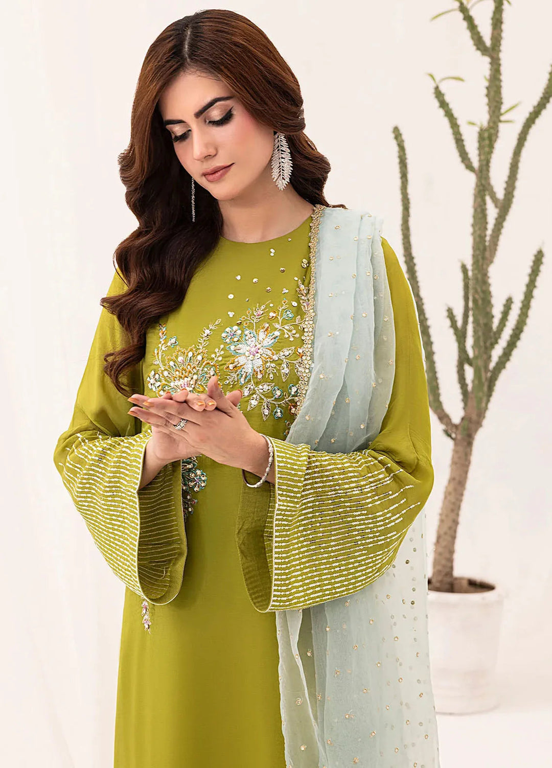 Silk Ivy by Jamnii Pret Embroidered Silk 3 Piece Suit Lime Forest
