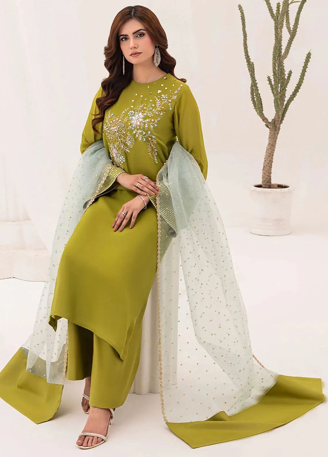Silk Ivy by Jamnii Pret Embroidered Silk 3 Piece Suit Lime Forest