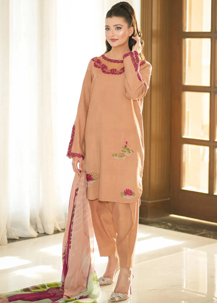 Silkspire by Fozia Khalid Pret Embroidered Raw Silk 3 piece Suit Amber