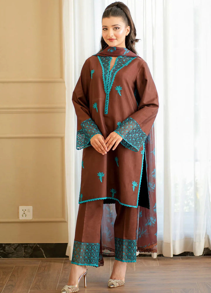 Silkspire by Fozia Khalid Pret Embroidered Raw Silk 3 piece Suit Cocoa