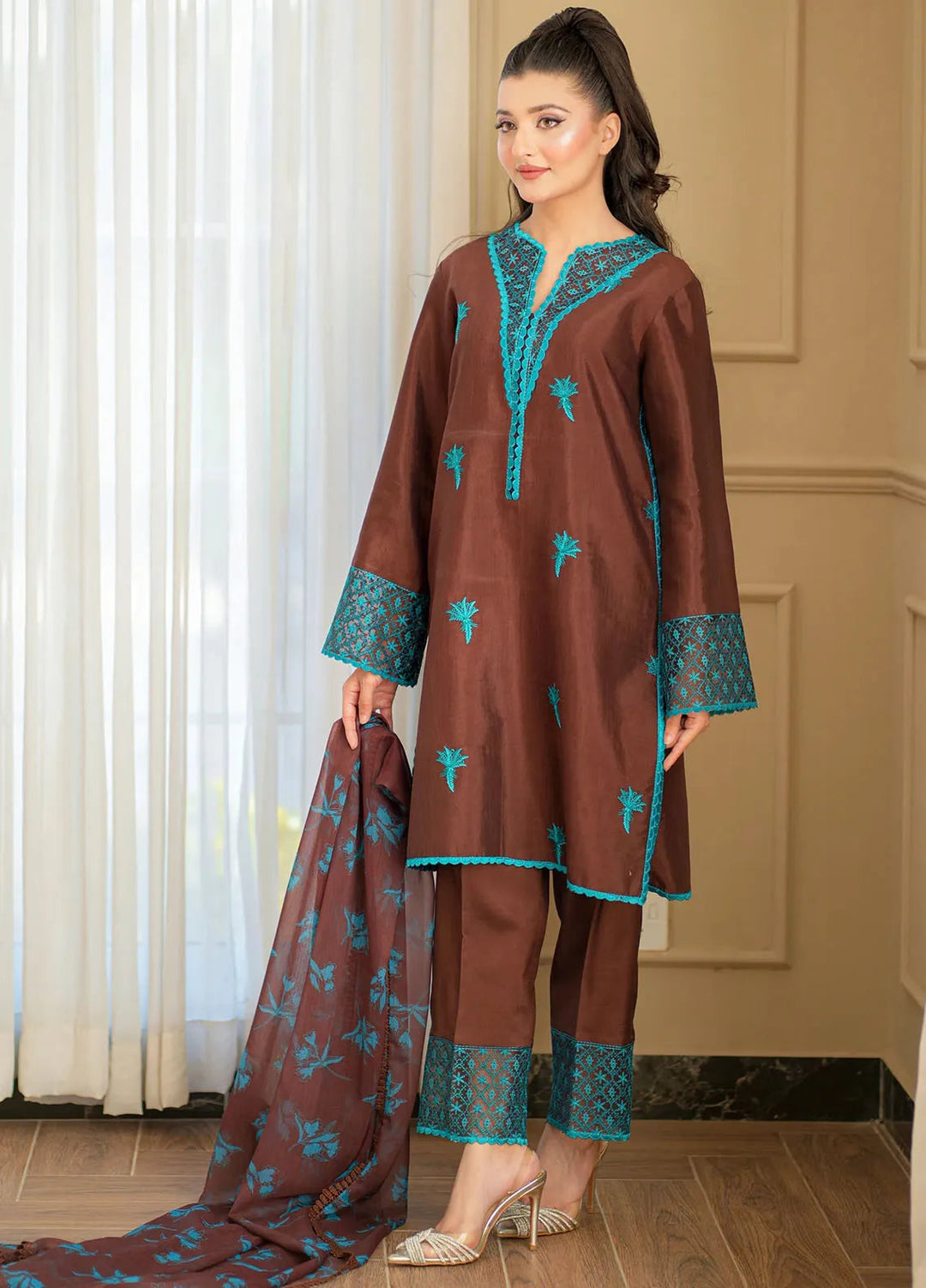 Silkspire by Fozia Khalid Pret Embroidered Raw Silk 3 piece Suit Cocoa