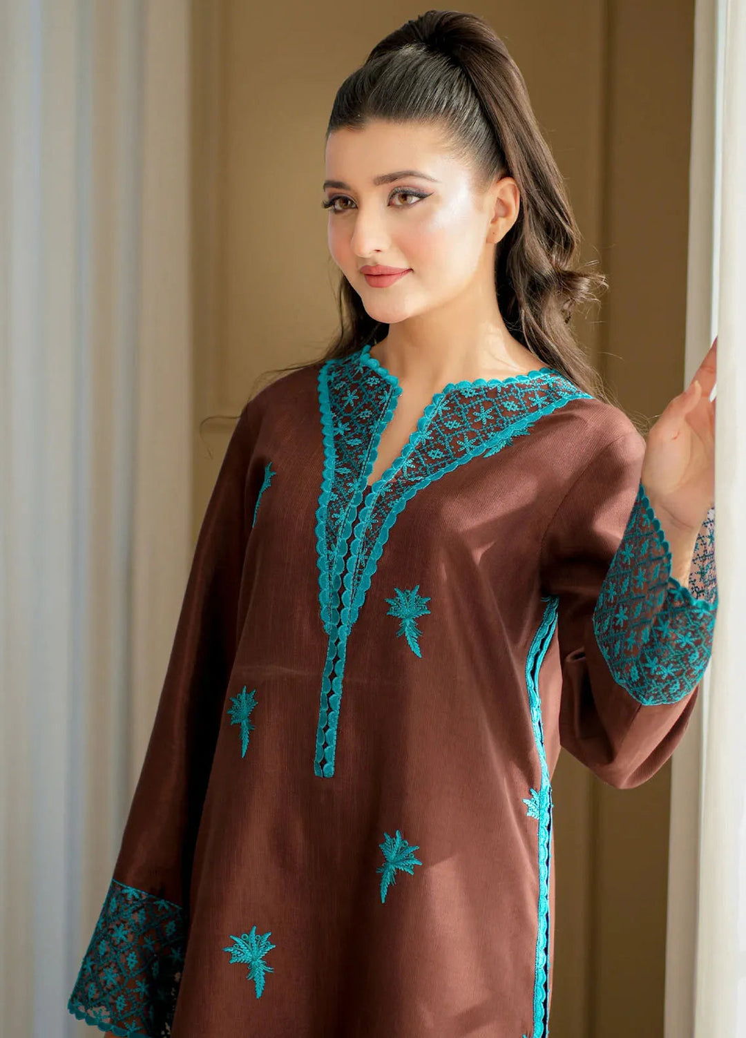 Silkspire by Fozia Khalid Pret Embroidered Raw Silk 3 piece Suit Cocoa