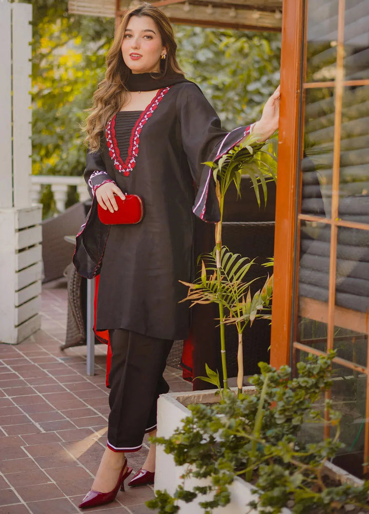 Silkspire by Fozia Khalid Pret Embroidered Raw Silk 3 piece Suit Noir