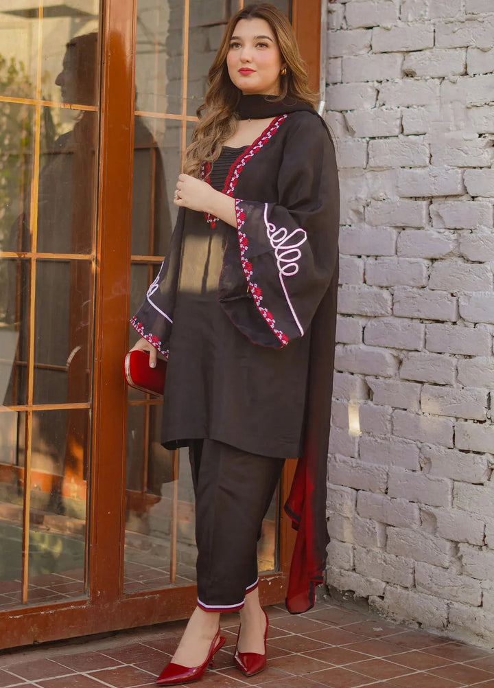Silkspire by Fozia Khalid Pret Embroidered Raw Silk 3 piece Suit Noir