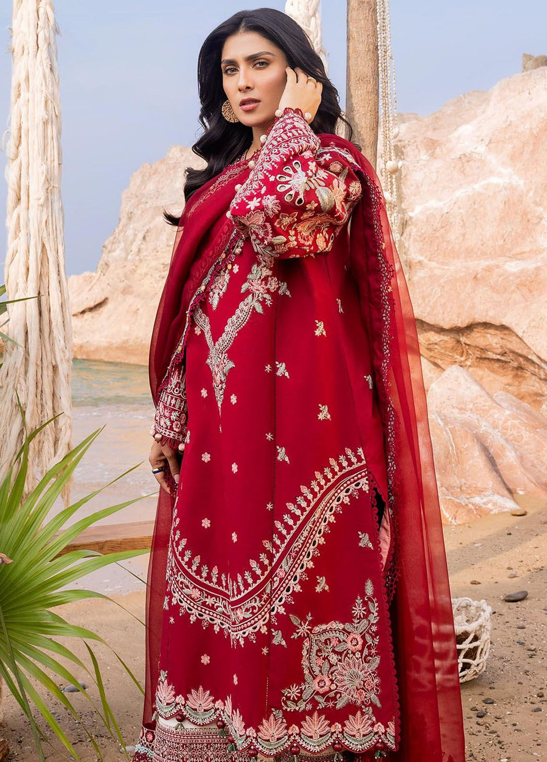 Siraa By Sadaf Fawad Khan Embroidered Lawn Suits Unstitched 3 Piece SDF24S Calah A - Luxury Collection