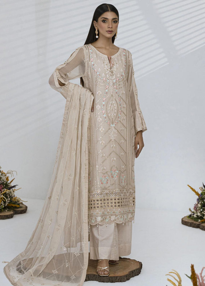Sitara By Shamooz Embroidered Chiffon Suits Unstitched 4 Piece SHM23ST SU-076 Beige - Festive Collection