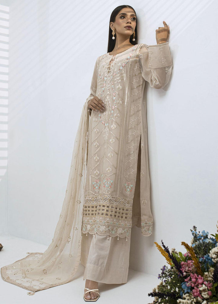 Sitara By Shamooz Embroidered Chiffon Suits Unstitched 4 Piece SHM23ST SU-076 Beige - Festive Collection