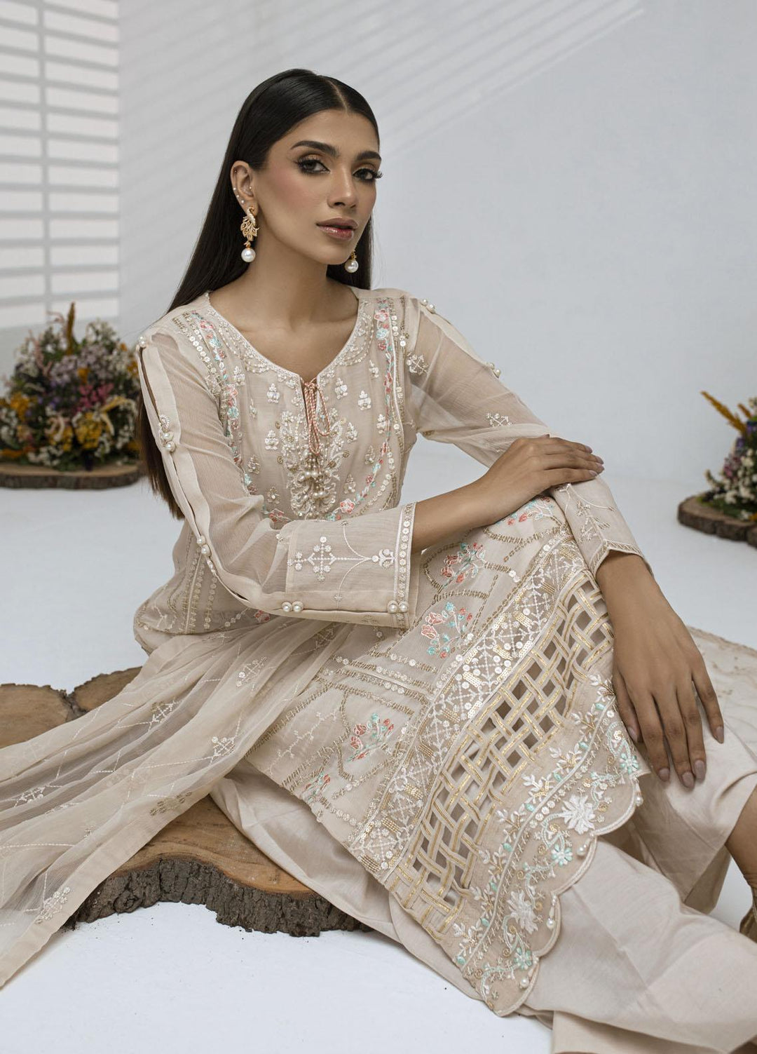 Sitara By Shamooz Embroidered Chiffon Suits Unstitched 4 Piece SHM23ST SU-076 Beige - Festive Collection