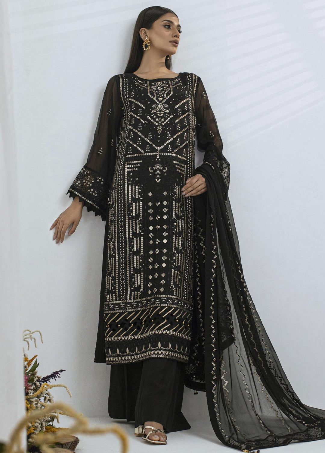 Sitara By Shamooz Embroidered Chiffon Suits Unstitched 4 Piece SHM23ST SU-077 Black - Festive Collection