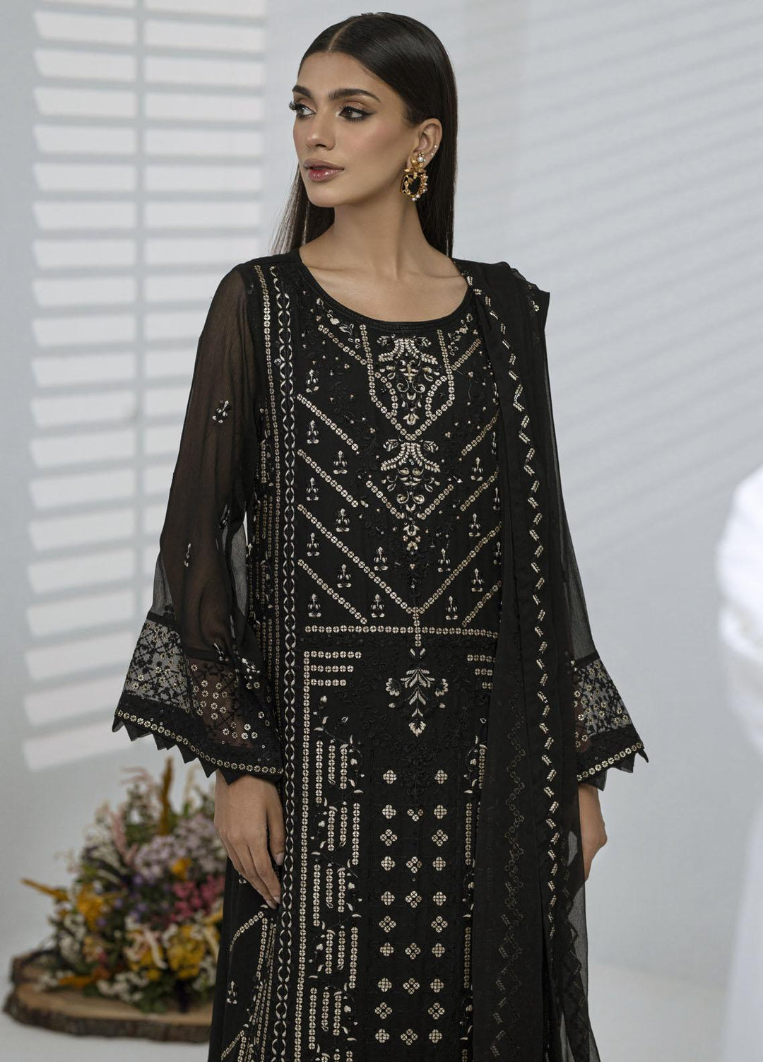 Sitara By Shamooz Embroidered Chiffon Suits Unstitched 4 Piece SHM23ST SU-077 Black - Festive Collection