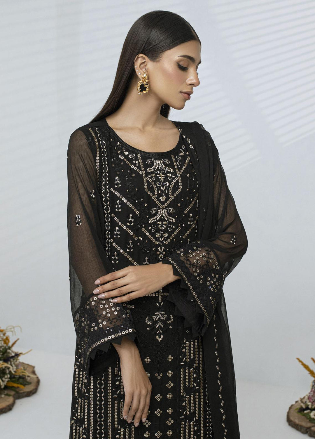 Sitara By Shamooz Embroidered Chiffon Suits Unstitched 4 Piece SHM23ST SU-077 Black - Festive Collection