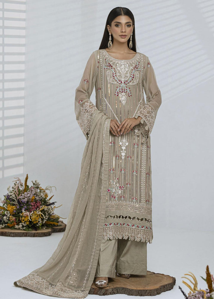 Sitara By Shamooz Embroidered Chiffon Suits Unstitched 4 Piece SHM23ST SU-078 Classy Beige - Festive Collection